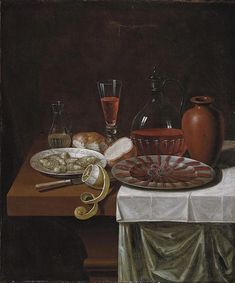 Un flauto e una caraffa di vino, una brocca d'acqua di vetro, due pezzi di pane, un piatto di ostriche - attribuito